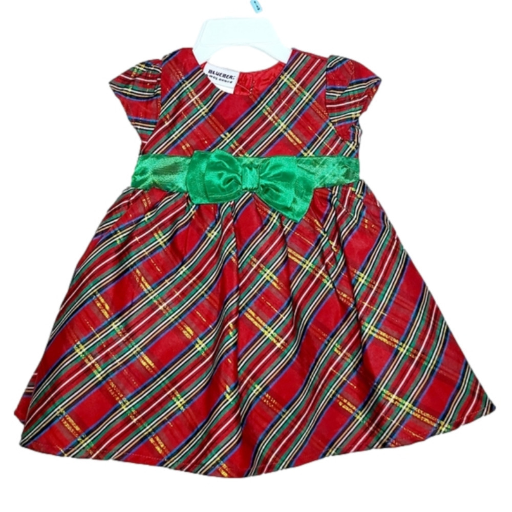 Blueberi Boulevard Red Plaid Holiday Dress with Green Sash